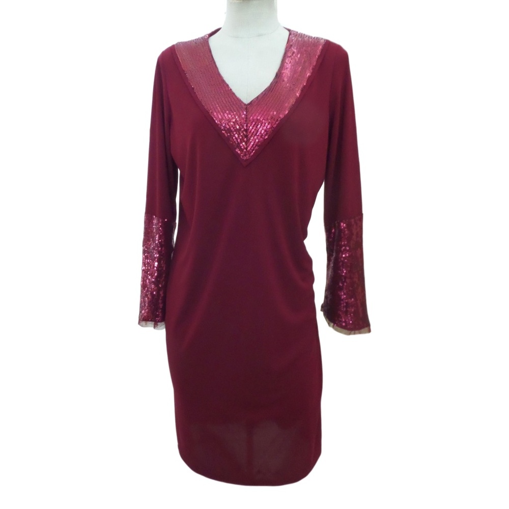 Pamela Dennis Party Red Dress with Sequins Collar Cuffs Monochrome